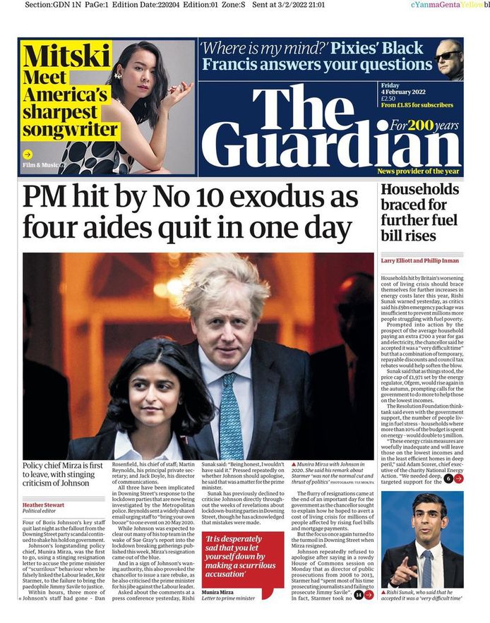 The Guardian: "PM hit by No 10 exodus as four aides quit in one day"