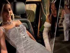 La technique hilarante de Kim Kardashian pour monter les escaliers avec sa robe trop ajustée