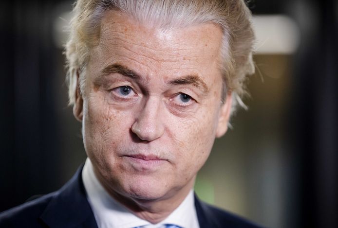 Geert Wilders (PVV) na afloop van een nieuwe gespreksronde van informateur Kim Putters. Putters praat met de partijleiders over de vorming van een nieuw kabinet.