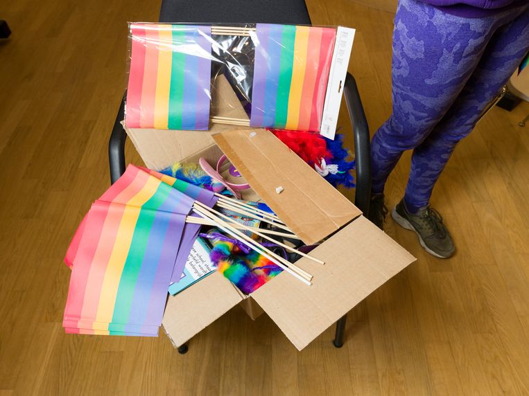 Een doos vol regenboogattributen. Beeld Ivo van der Bent