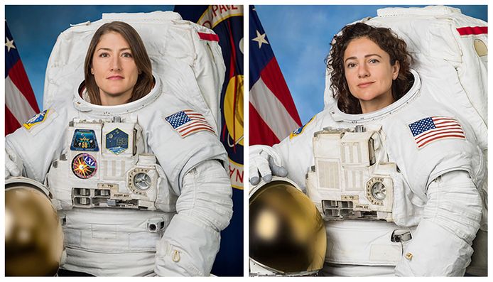 Christina Koch (L) en haar collega Jessica Meir (R) maakten de eerste volledig vrouwelijke ruimtewandeling.