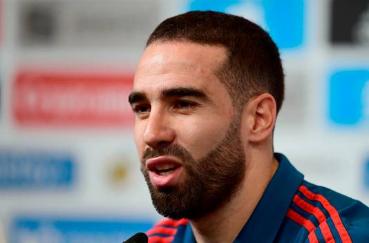 Spain's defender Dani Carvajal attends a press conference at Krasnodar Academy on June 28, 2018, during the Russia 2018 World Cup football tournament. / AFP PHOTO / PIERRE-PHILIPPE MARCOU