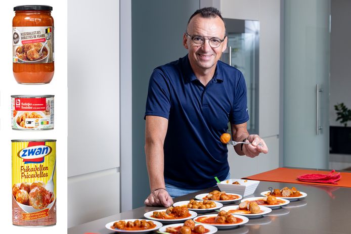 Topchef Luc Bellings met de tien bereidingen van balletjes in tomatensaus die hij proeft voor HLN Eten: “Deze variant is echt zijn geld niet waard.”
