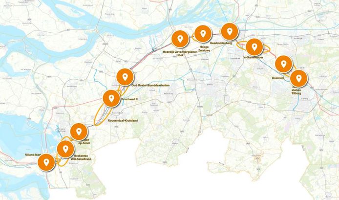 De knelpunten in het tracé van de 380 kV-lijn in West-Brabant.