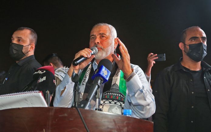 Hamas-leider Ismail Haniyeh tijdens een toespraak bij een manifestatie voor het Palestijnse volk in de Qatarese hoofdstad Doha. (15/05/2021)