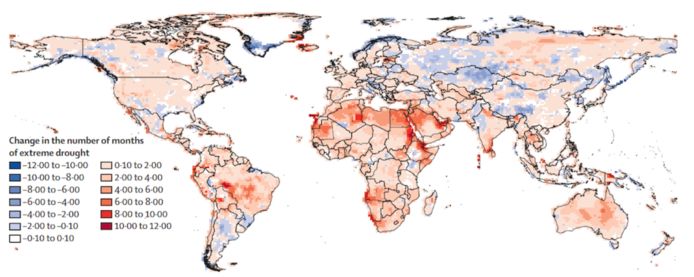 Deze wereldkaart geeft weer wat de verandering is in het aantal maanden met extreme droogte.