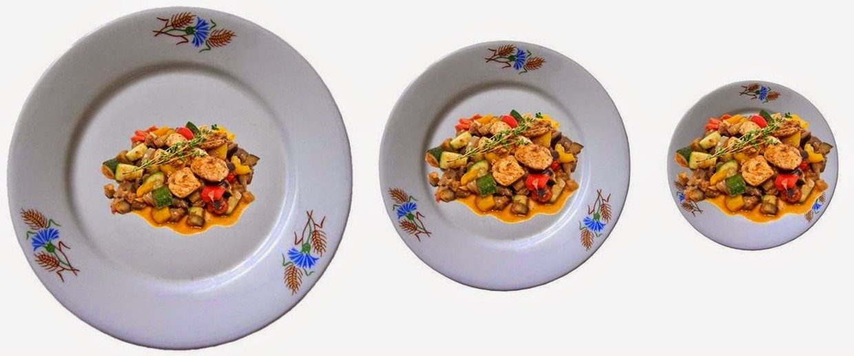 Dezelfde portie eten op een groot, middel en klein bord. Beeld  