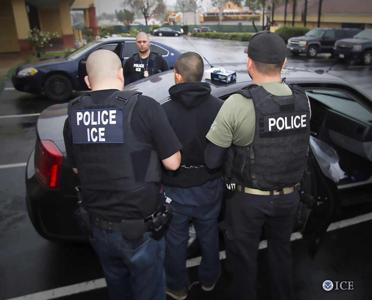 Politie-agenten van de ICE arresteren een vermeende illegale immigrant. Beeld afp