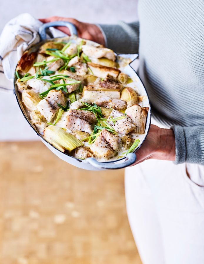 Visschotel met prei en krieltjes van Elise Van de Poele.