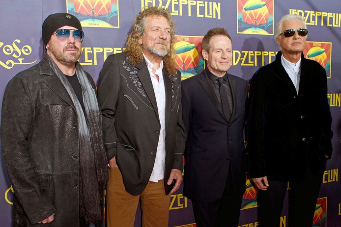 De leden van Led Zeppelin: Jason Bonham, Robert Plant, John Paul Jones en Jimmy Page