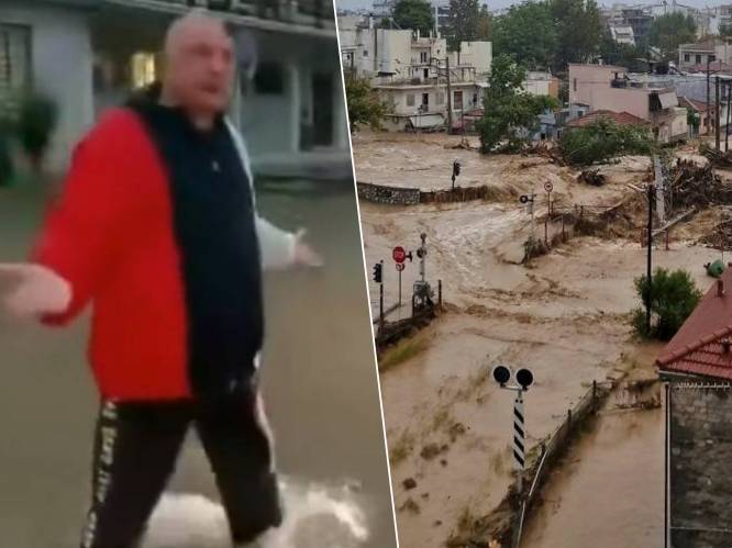 Burgemeester staat gefrustreerd met voeten in het water om automobilisten tegen te houden: "Waar gaan jullie naartoe? Volos stroomt volledig onder”