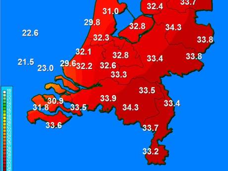 Eindhoven heetste plaats van Nederland met 34,4 graden, donderdag regen en onweer op komst