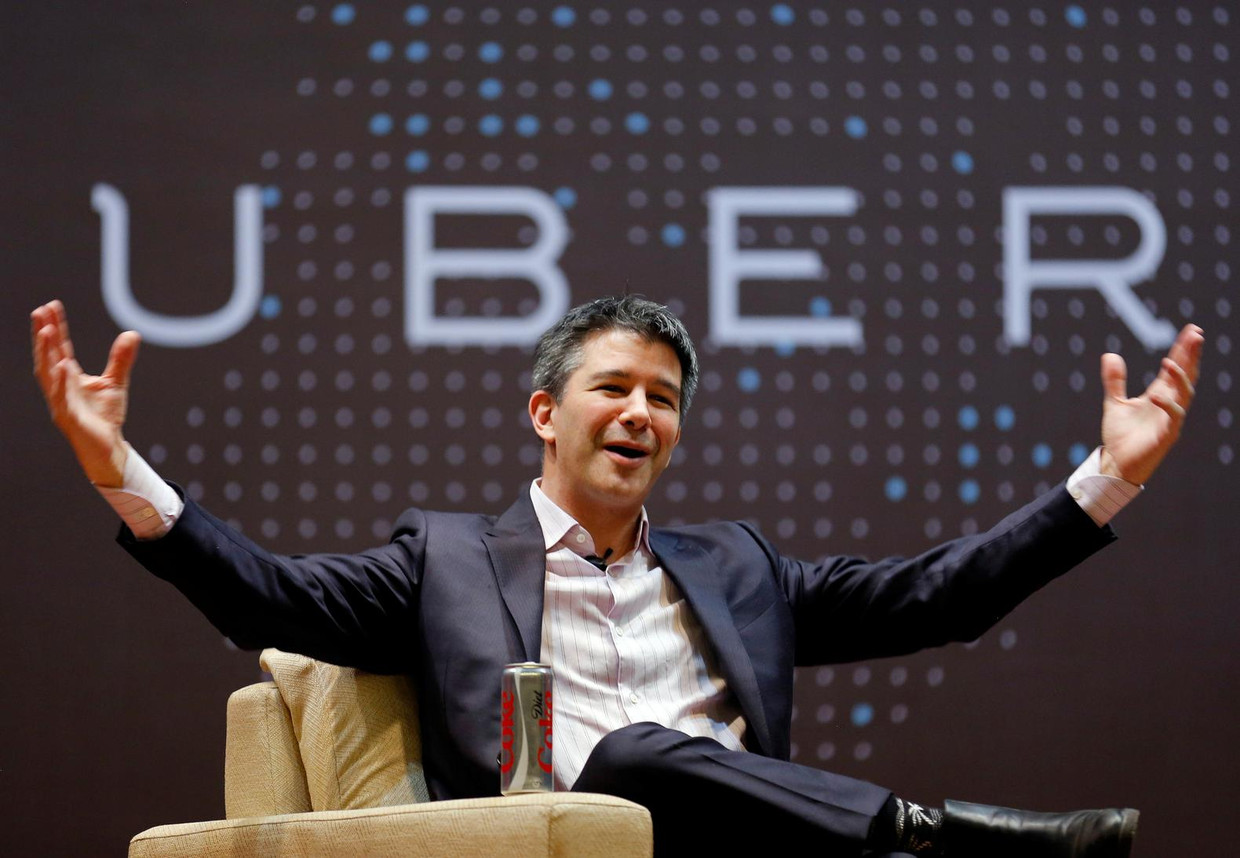 Kalanick spreekt met Indiase studenten in Mumbai in 2016. Beeld reuters