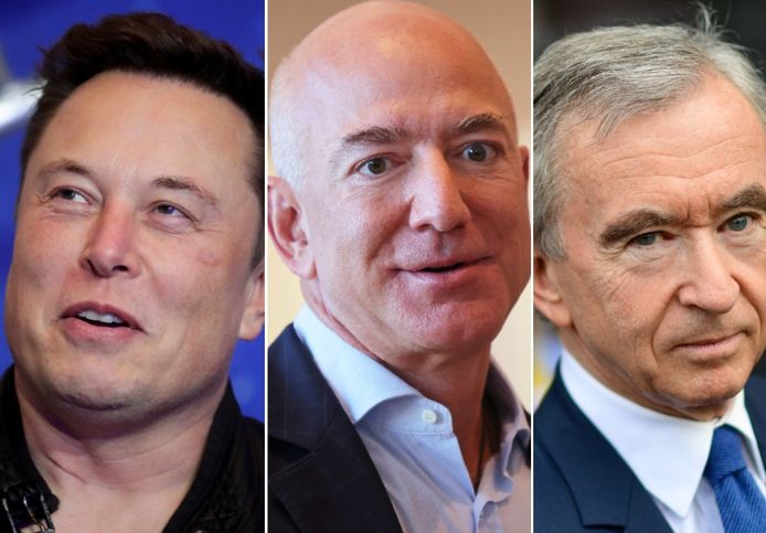 De drie rijkste mannen ter wereld: Elon Musk, Jeff Bezos en Bernard Arnault.