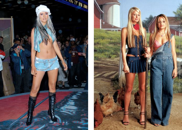 Links: Christina Aguilera op de rode loper. Rechts: Paris Hilton en Nicole Richie in een promobeeld voor ‘The Simple Life’.