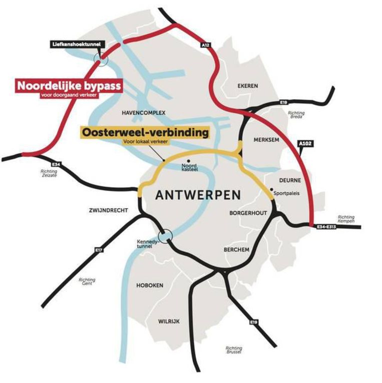 Het plan voorziet een noordelijk tracé (rode lijn) voor doorgaand verkeer én een Oosterweel-verbinding (gele lijn) voor lokaal verkeer.