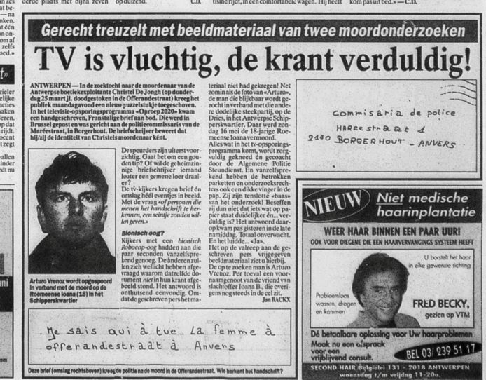 Een knipsel uit de krant van 23 juni 1999, een dikke maand na de moord op Ioana. In het artikel  wordt het gebrekkige onderzoek naar twee moordzaken aangeklaagd, waaronder die van Ioana.