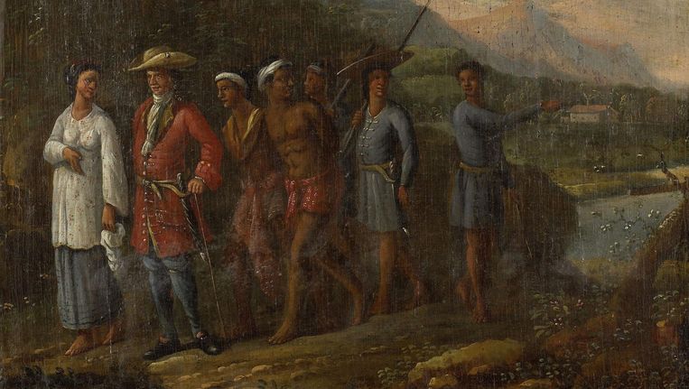 Hollandse koopman met slaven in heuvellandschap, anoniem, 1700 - 1725. Beeld Rijksmuseum