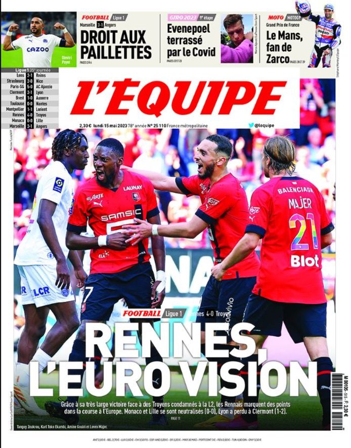 De cover van L'Equipe, met ook de opgave van Evenepoel prominent.