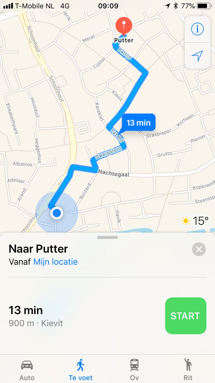 De afstand tussen Havik en Putter te voet.