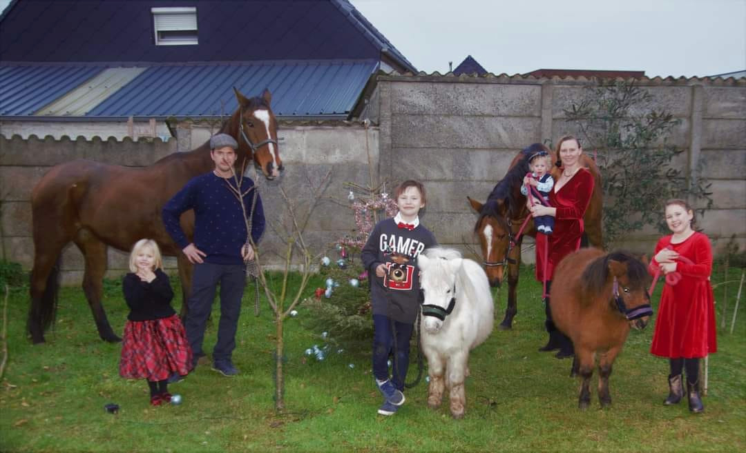 Patrick en Wendy met hun kinderen Joël, Zoë, Joena en Loeka bij  paarden Goldy en Sky en pony's Beer en Puk in hun tuin in Meulebeke.