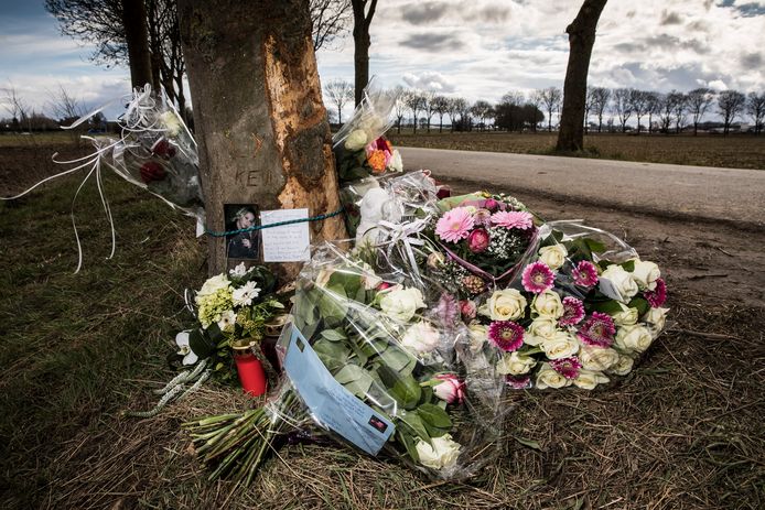 Bij de boom in Echt waartegen een auto reed met scholieren, waarvan er eentje omkwam, zijn bloemen gelegd