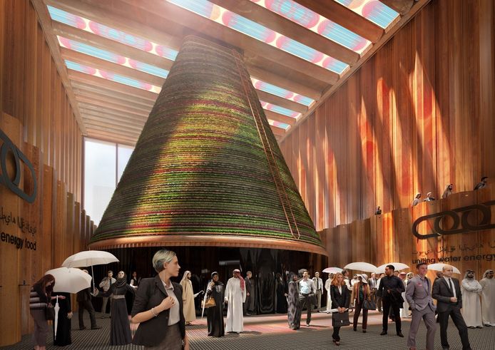 De torenhoge kegel of piramide, zoals die straks op de wereldtentoonstelling in Dubai te zien zal zijn als onderdeel van het kunstprogramma in het Nederlands paviljoen.