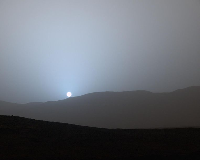 De zonsondergang op Mars. Beeld NASA/JPL-Caltech/MSSS
