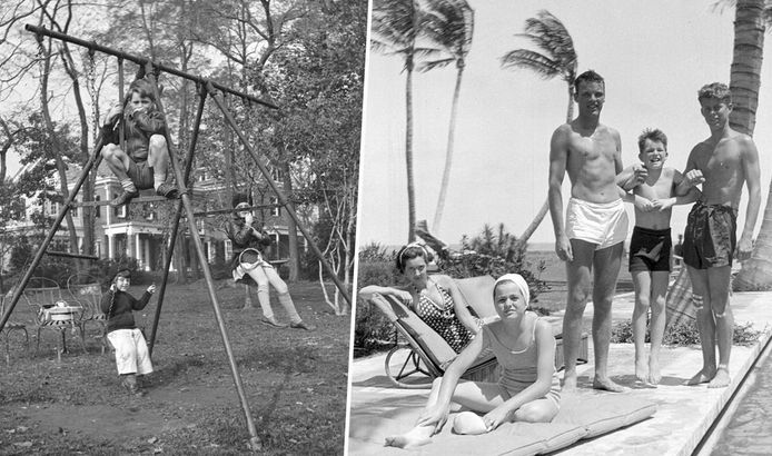 Bobby Kennedy bovenop een speeltoestel in de tuin (links) en enkele Kennedy's (met uiterst rechts JFK) aan het zwembad.