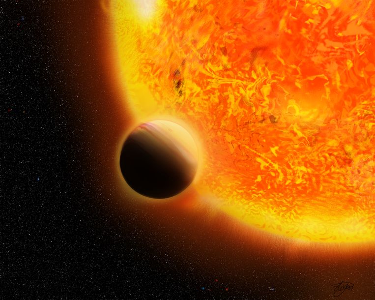 Een artist impression van de planeet en de ster die Nederlanders een naam mogen geven. Beeld Livia Pietrow/astronomie.nl