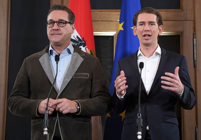 Heinz-Christian Strache en Sebastian Kurz tijdens een persconferentie