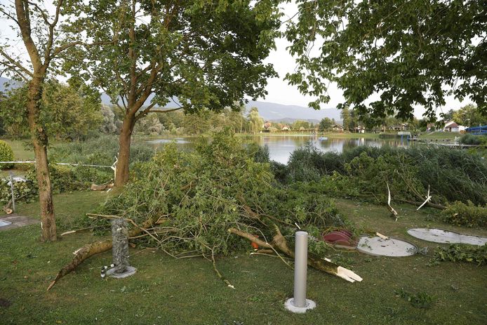 Door het noodweer vielen verschillende bomen om nabij een klein meer in het Oostenrijkse stadje Sankt Andrä.