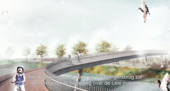 De toekomstige fiets- en voetgangersbrug zal een slingerende beweging over de Leie maken