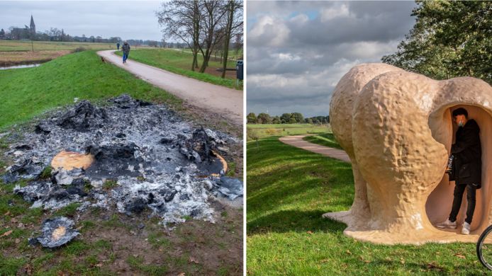 Het kunstwerk (rechts) zoals ie was. Daar is weinig tot niets van overgebleven (links)