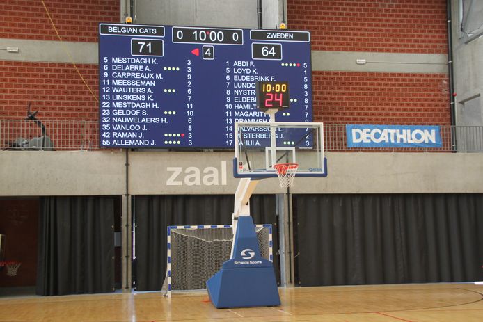 Voortaan kan De Lange Munte pronken met het grootste indoorscherm van België. Boven de basketkorven driezijdige shotclocks.
