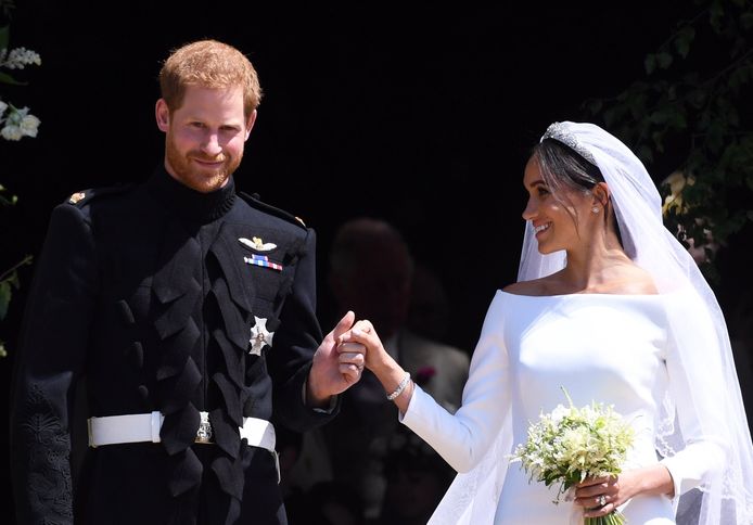 Prins Harry en Meghan Markle tijdens hun huwelijk op 19 mei dit jaar.