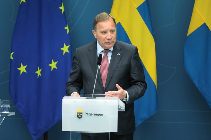 De Zweedse premier Stefan Löfven op de persconferentie vanmiddag.