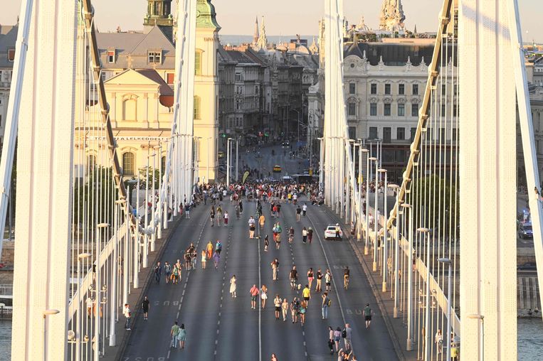 Demonstranten blokkeren de Elisabethbrug in Boedapest. Beeld AFP