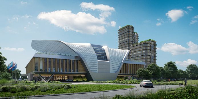 Elysion, het nieuwe congrescentrum bij en op Hotel Eindhoven Van der Valk. Hier gezien vanaf de Genneper Parken. Rechtsachter de nieuwe toren met bijna 300 kamers.