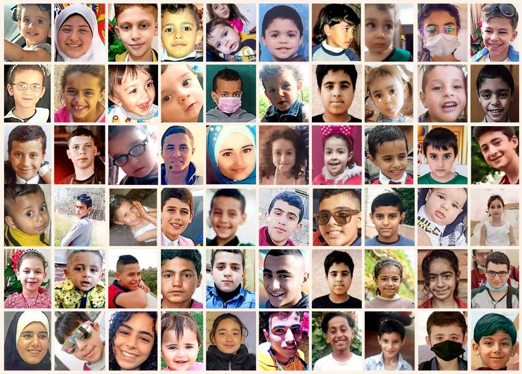 Zestig van de kinderen die om het leven kwamen door de bommenregen in de oorlog tussen Israël en Hamas. Verreweg de meeste slachtoffers vielen in Gaza.  Beeld The New York Times