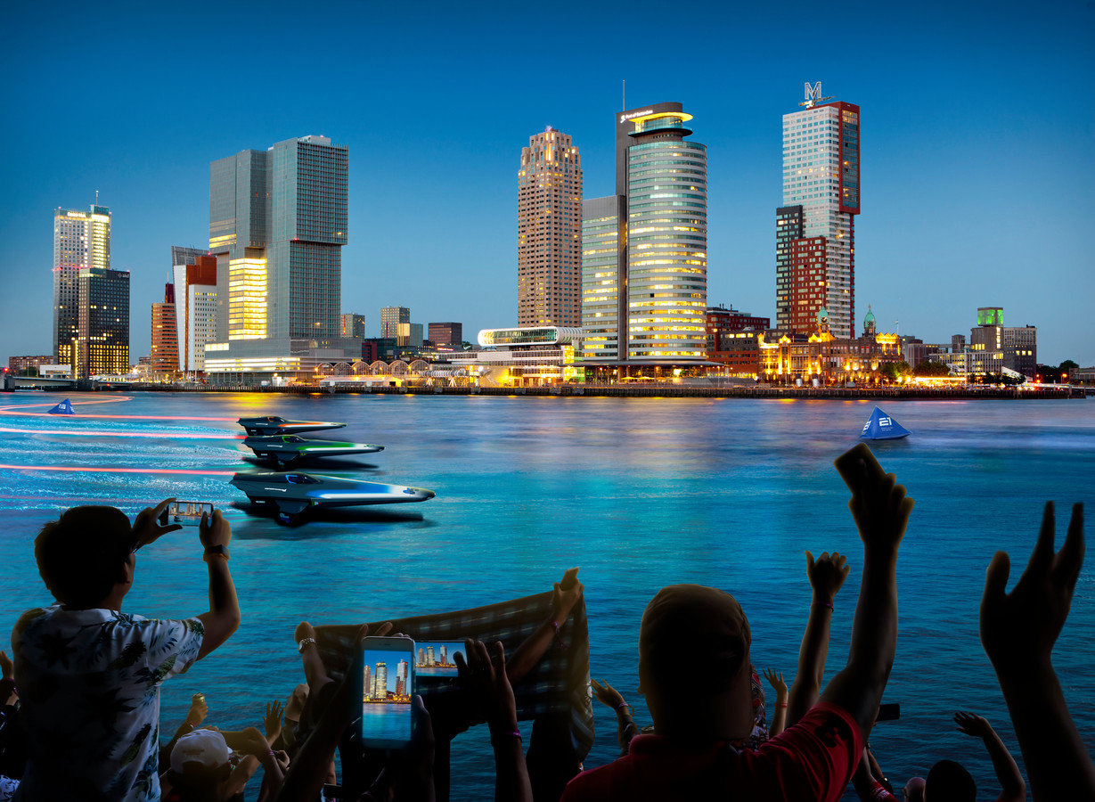 Als de plannen worden gerealiseerd, dan zou de speedbootrace op de Maas in Rotterdam er in 2023 ongeveer zoals op deze fictieve foto uit moeten zien.