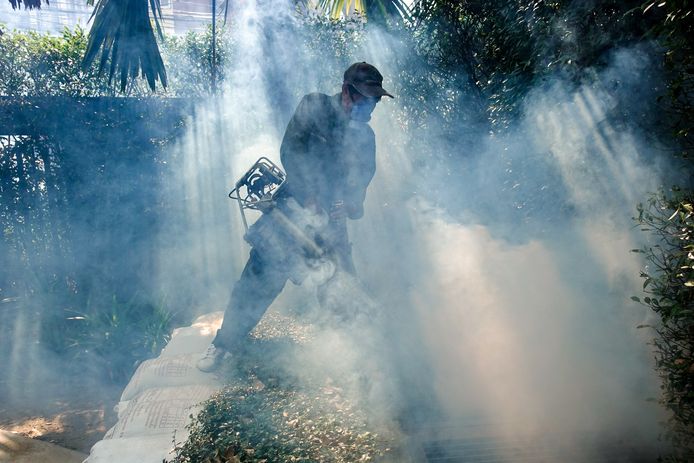 Een arbeider verspreidt pesticiden tegen de muggen in Bangkok, Thailand.