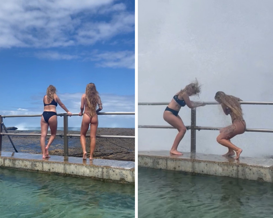 Une énorme vague à Sydney a surpris ces deux jeunes filles.