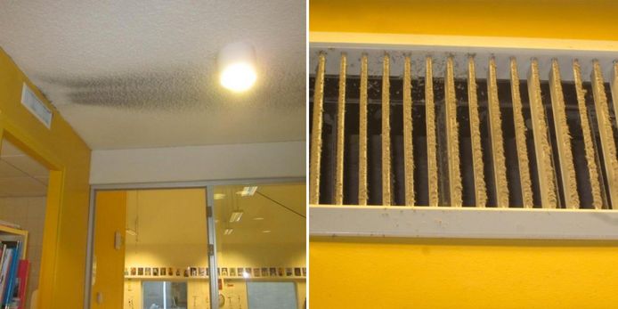 Vervuiling aan het plafond en een vies ventilatierooster.