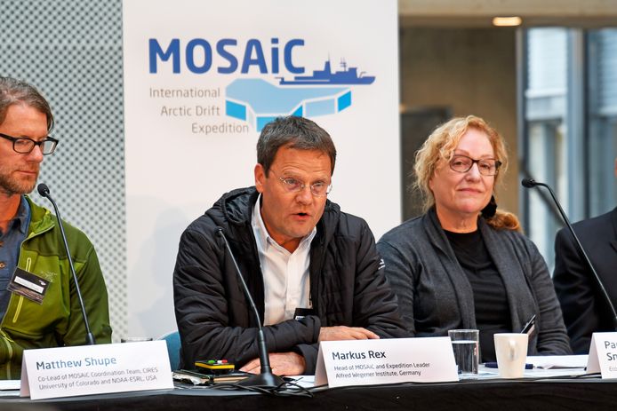 epa07855992 (L-R) Researcher Matthew Shupe, expedition leader Markus Rex, and researcher Pauline Snoeijs-Leijonmalm attend a press conference  on the polar expedition MOSAiC with the vessel 'Polarstern' in Tromso, Norway, 20 September 2019. The German research icebreaker 'Polarstern' is set to leave Tromso, Norway to spend a year drifting through the Arctic Ocean trapped in ice.  EPA/Rune Stoltz Bertinussen  NORWAY OUT