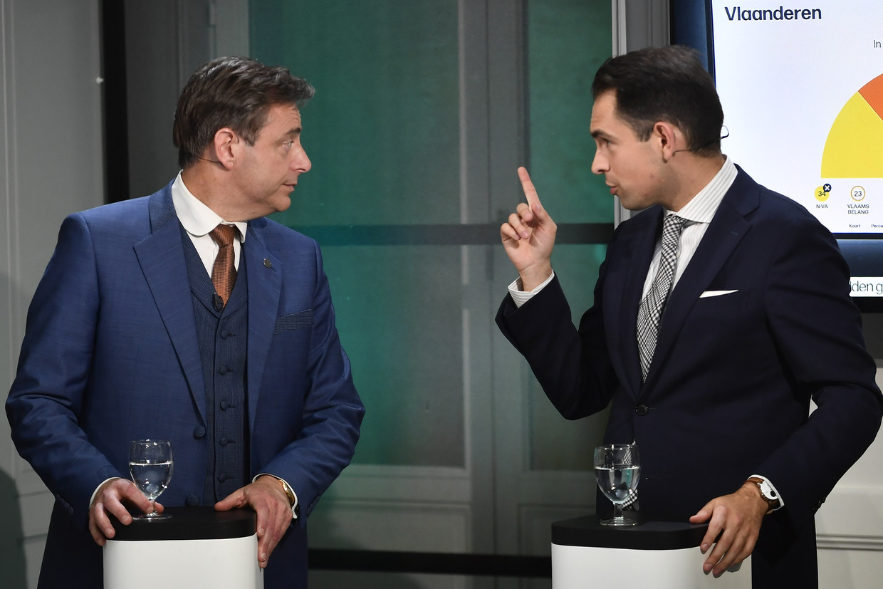 De Wever en Van Grieken in de VRT-studio tijdens een verkiezingsprogramma in 2019.  Beeld BELGA