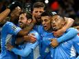 Vreugde bij de spelers van Manchester City na de 2-1 van Gabriel Jesus.