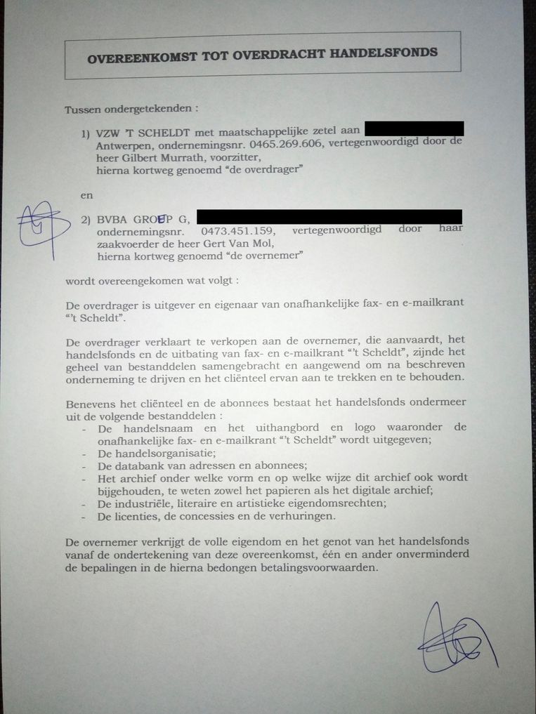 Een pagina van het contract tussen vzw 't Scheldt en Gert Van Mol. Beeld RV