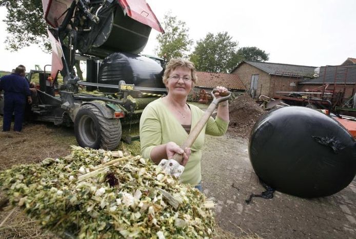 Boerin Willemien van Hattem demonstreert vandaag de nieuwe maïsbalenpers.foto William Hoogteyling