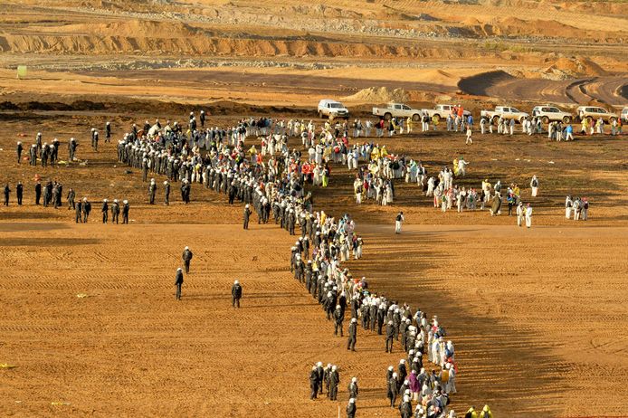 A 2017 photo of an activist group protesting against lignite operations in Hambach.